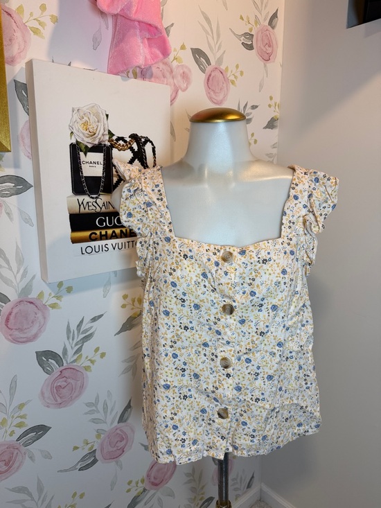 Madewell Tops - Madewell Yellow Floral Square-Neck Ruffle Button Tank